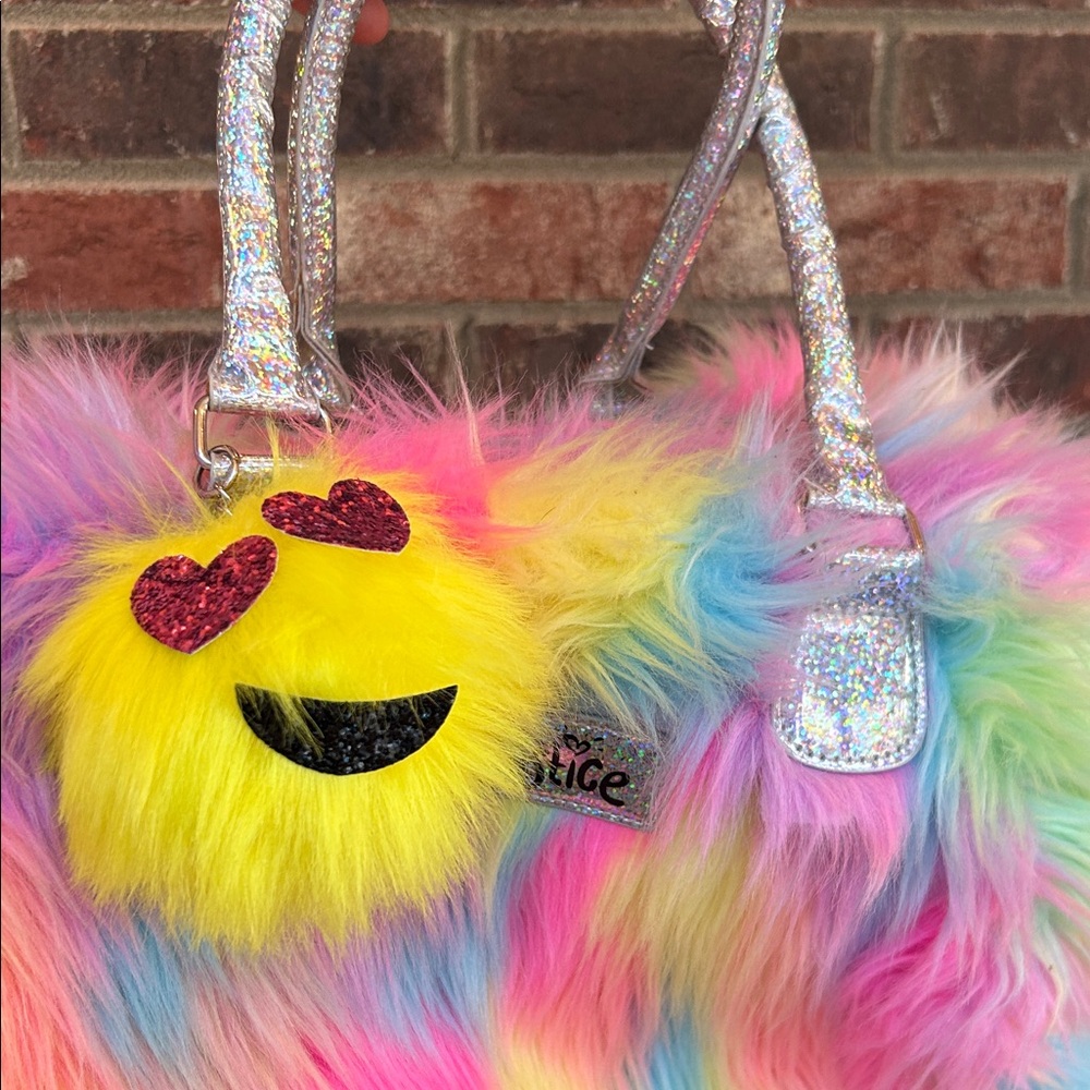Justice Girls Emoji Fuzzy Rainbow Rolling Carry On Luggage bag light up wheels - Picture 2 of 9